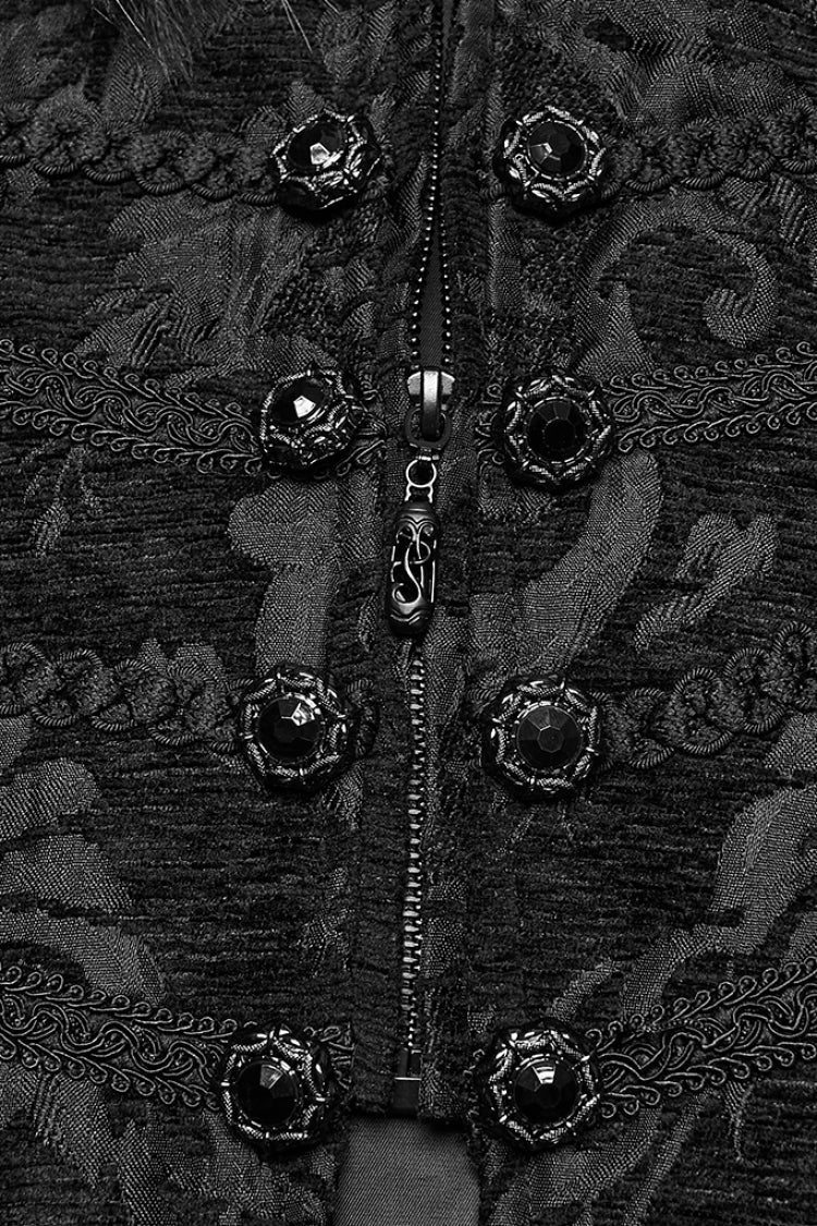 Black Fuax Fur Collar Long Sleeves Jacquard Zipper Men's Gothic Coat - Product - 6