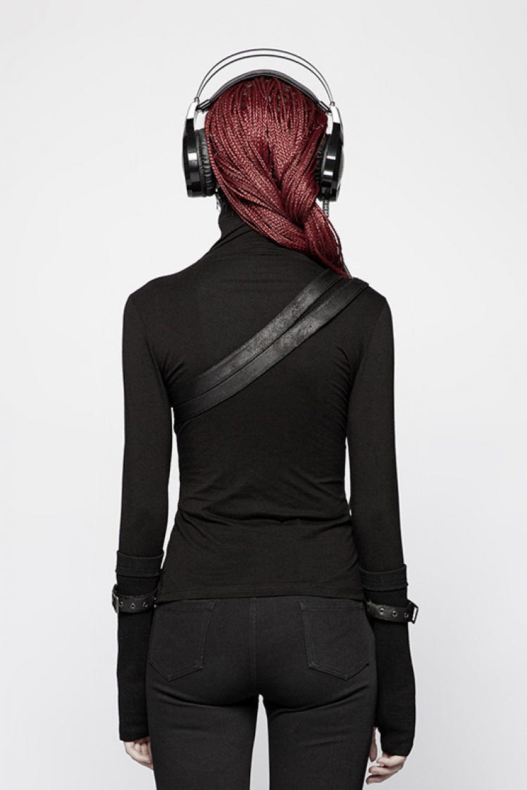 Black High Collar Long Sleeves Zipper Leather Buckle Women's Steampunk T-Shirt - Product - 3