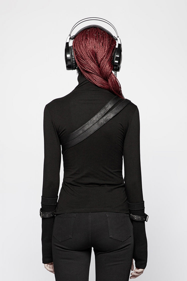 Black High Collar Long Sleeves Zipper Leather Buckle Women's Steampunk T-Shirt - Product - 3