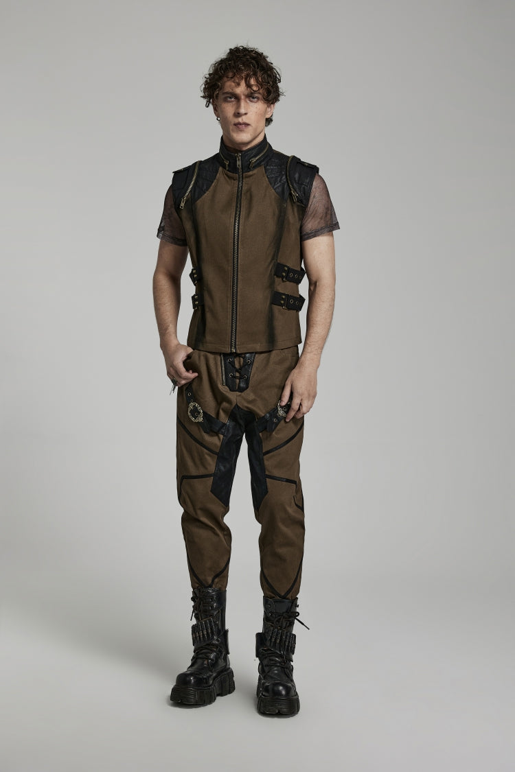 Brown Stand Collar Side Waist Webbing Decorative Stitching Mens Steampunk Vest - Product - 2
