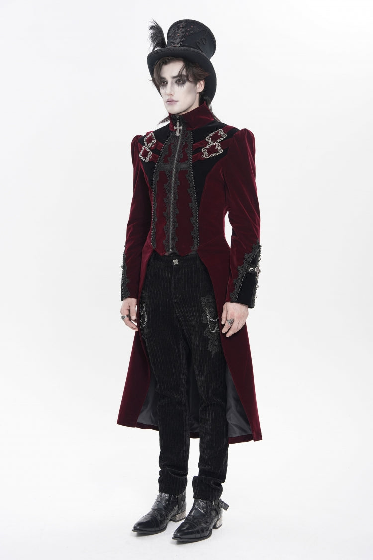 Red Stand Collar Long Sleeves Embroidered Color-Blocked Buckled Zippered Men's Gothic Palace Jacket - Product - 3