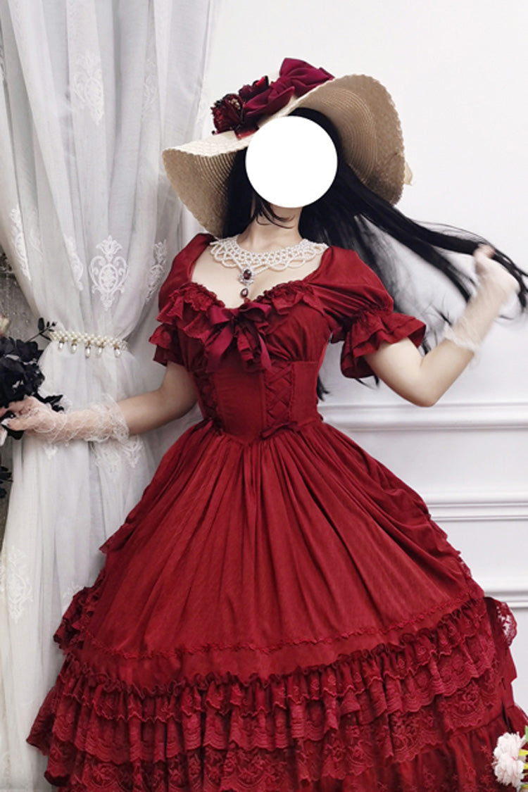 Red Short Puff Sleeves Multi-Layered Ruffle Bowknot Classic Vintage Lolita Dress - Product - 5