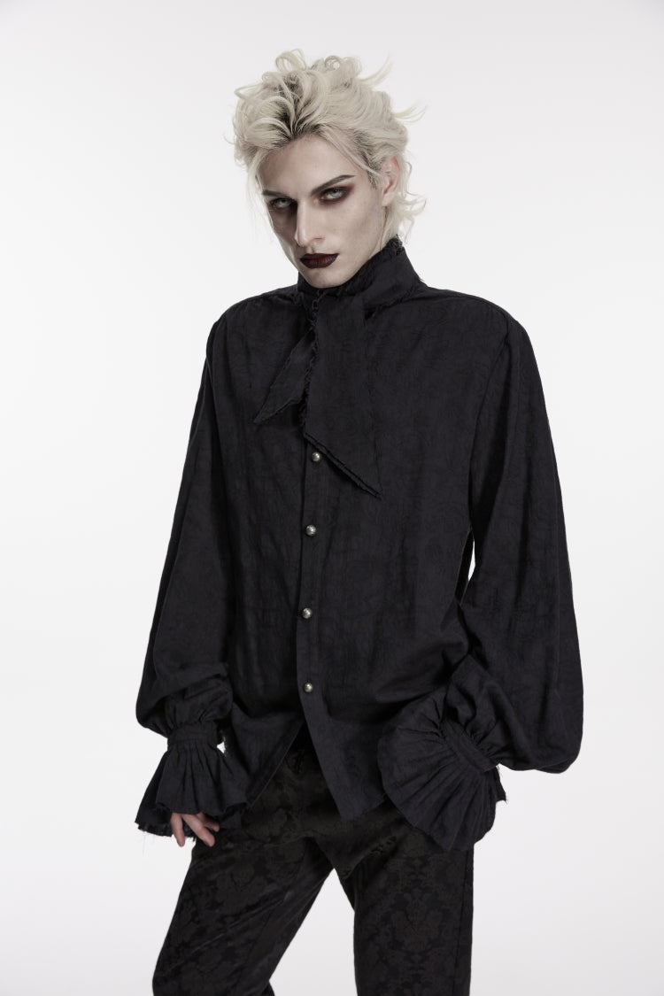 Black Stand Collar Long Puff Sleeves Jacquard Detachable Tie Men's Gorgeous Shirt - Product - 7