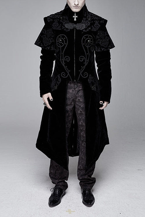 Black Hand Embroidered Cape Collar Velveteen Gothic Mens Coat - Black - 1