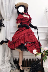 Red Short Puff Sleeves Multi-Layered Ruffle Bowknot Classic Vintage Lolita Dress - Product - 7