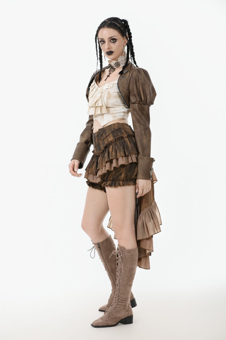 Brown Long Puff Sleeves Zippered Metal-Accented Women's Steampunk Vintage Wrap - Product - 10