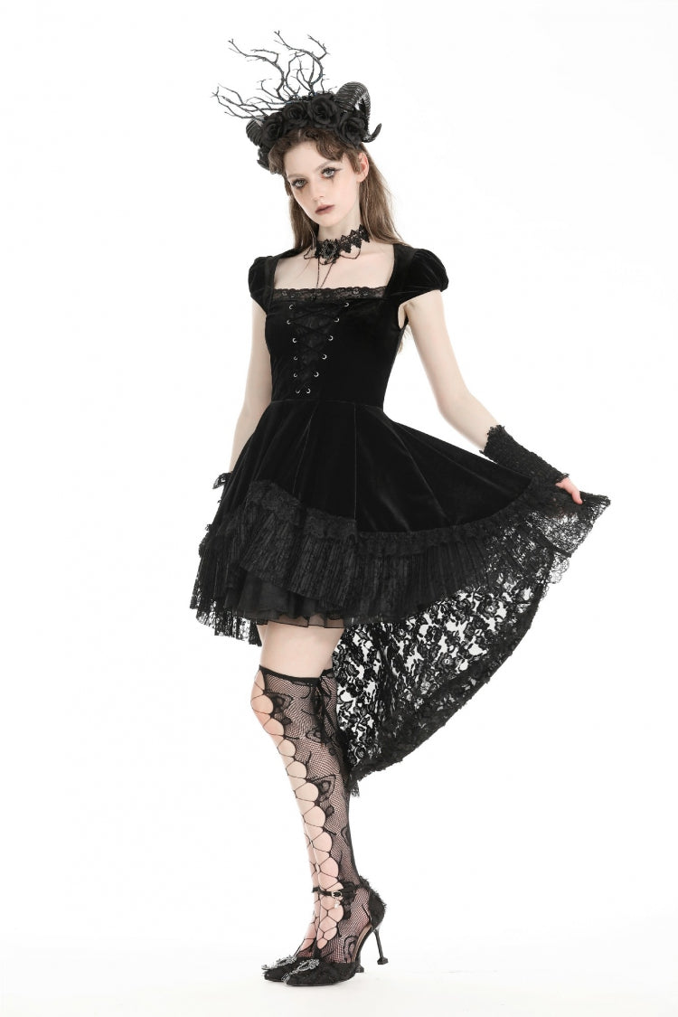 Black Square Collar Cap Sleeves Lace-Up High/Low Lace Ruffled Women's Gothic Princess Velvet Dress - Product - 8