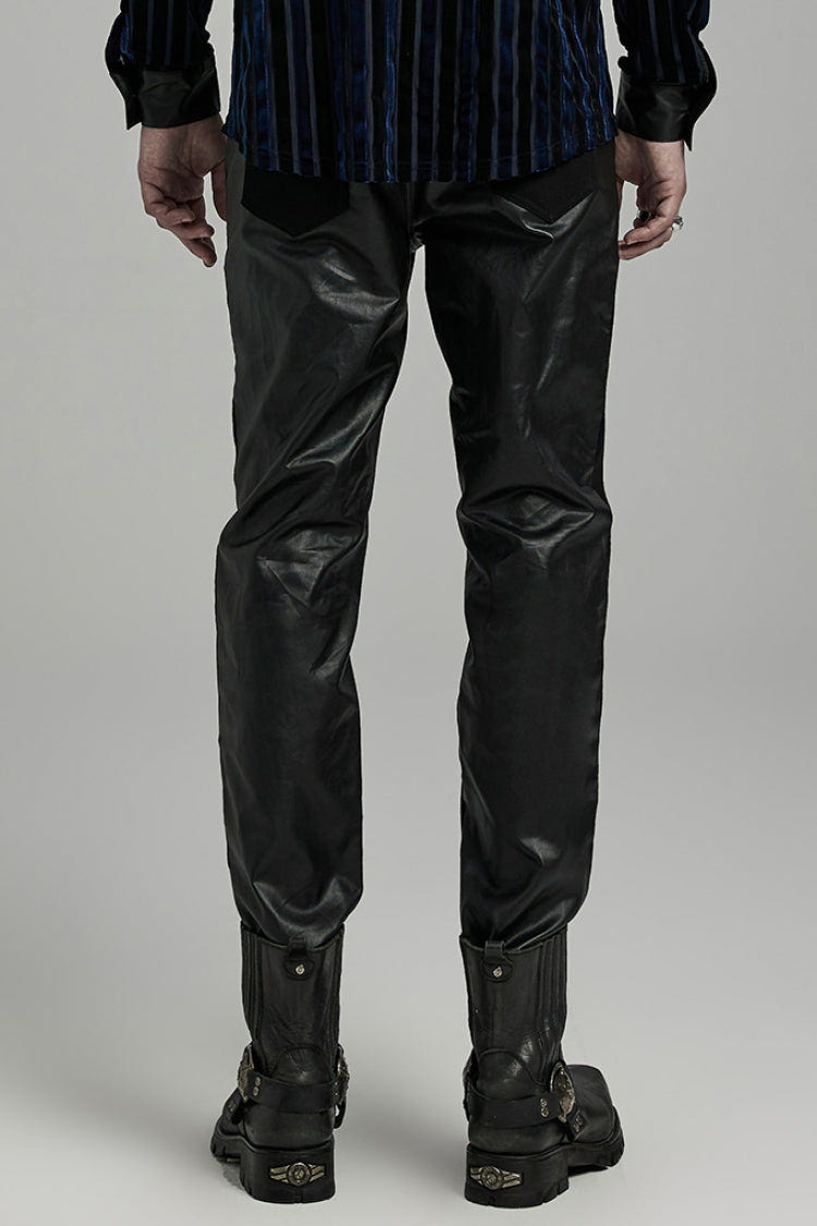 Black Faux Leather Stitching Zipper Men's Punk Pants - Product - 3