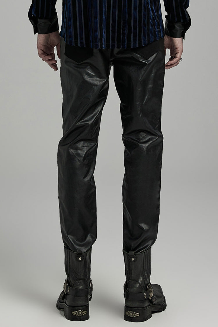 Black Faux Leather Stitching Zipper Men's Punk Pants - Product - 3