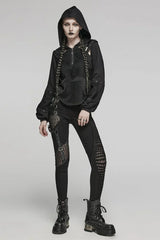 Black Long Sleeves Hollow Mesh Stitching Hooded Womens Steampunk Blouse - Product - 4