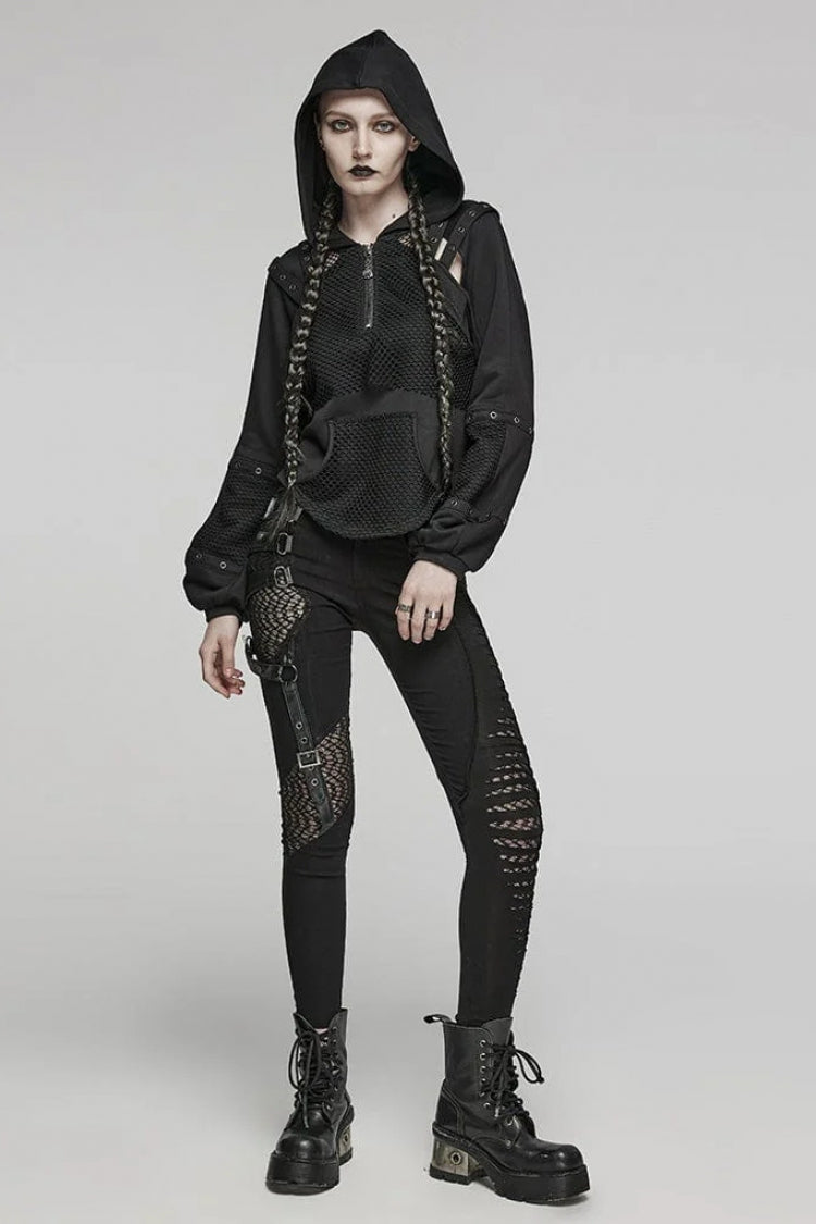 Black Long Sleeves Hollow Mesh Stitching Hooded Womens Steampunk Blouse - Product - 4