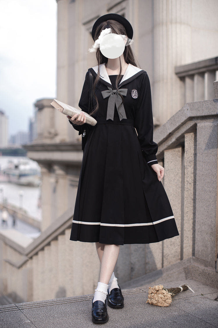 Black Navy Collar Long Sleeves Bowknot Sweet Japanese College Style Elegant Lolita Dress - Black - 1
