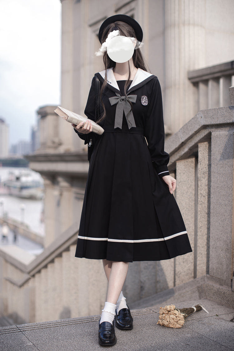 Black Navy Collar Long Sleeves Bowknot Sweet Japanese College Style Elegant Lolita Dress - Black - 1