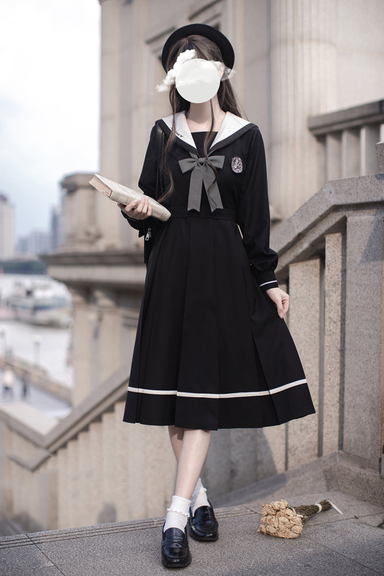 Black Navy Collar Long Sleeves Bowknot Sweet Japanese College Style Elegant (Dress Only) front view