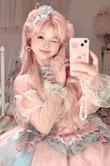 Pink/Blue [Camellia Covenant] Halterneck Ruffled Bow Lace Lace-Up Sweet Lolita Jsk Dress - Product - 3