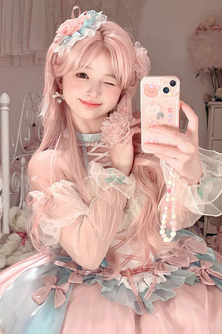 Pink/Blue [Camellia Covenant] Halterneck Ruffled Bow Lace Lace-Up Sweet Lolita Jsk Dress - Product - 3