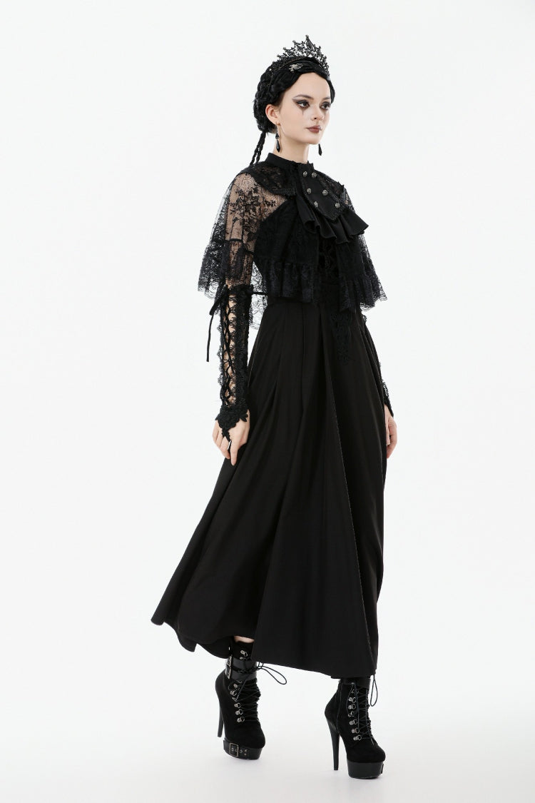Black Bouble-Breasted Floral Lace Women's Gothic Cape - Product - 6