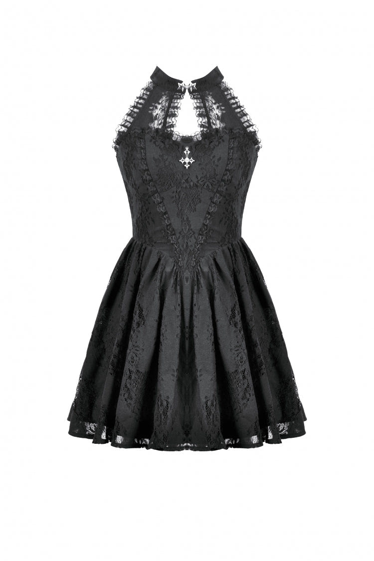 Black Off Shoulder Halterneck Sleeveless Lace Women's Gothic Short Dress - Product - 3