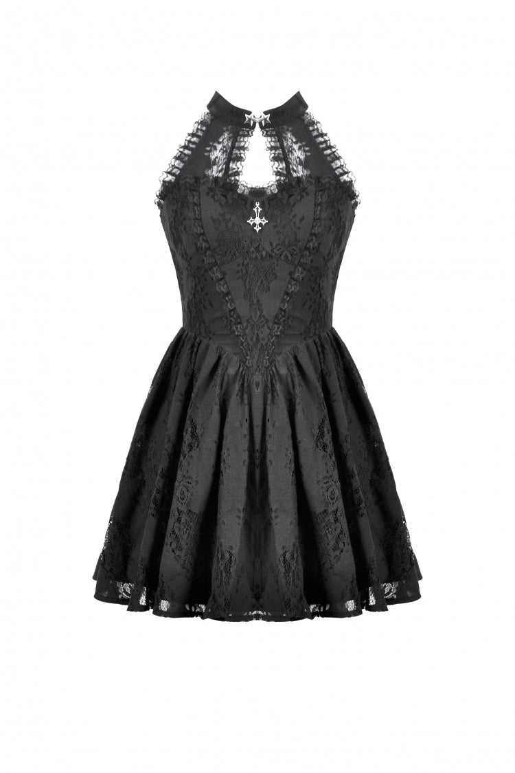 Black Off Shoulder Halterneck Sleeveless Lace Women's Gothic Short Dress - Product - 3