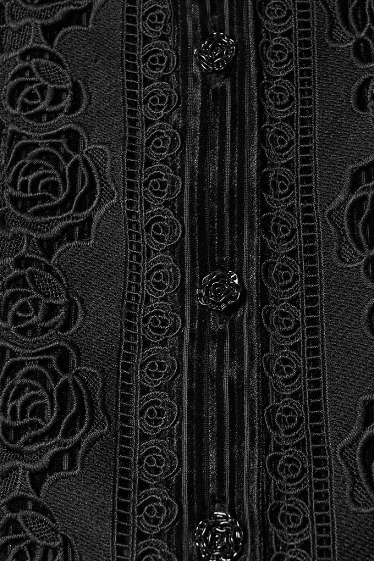 Black Stand Collar Long Puff Sleeves Floral Embroidered Lace-Up Women's Gothic Blouse - Product - 6