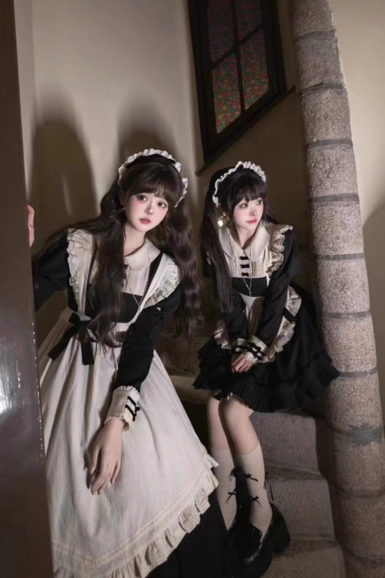 Black Maid Lapel Collar Short Sleeves Ruffle Sweet Classic Lolita Dress (Short or Long Version) - Product - 3