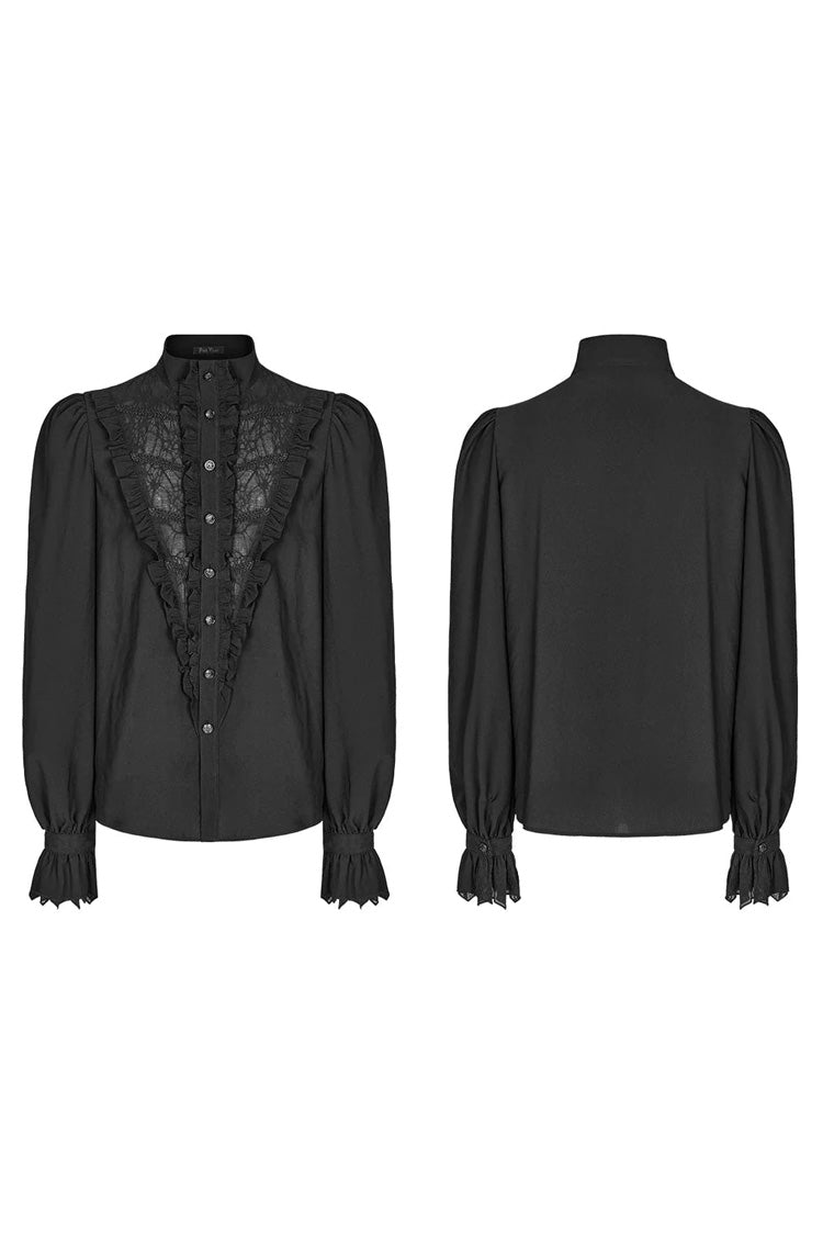 Black Stand Collar Ruffle Webbing Embellishment Mens Gothic Blouse - Product - 5
