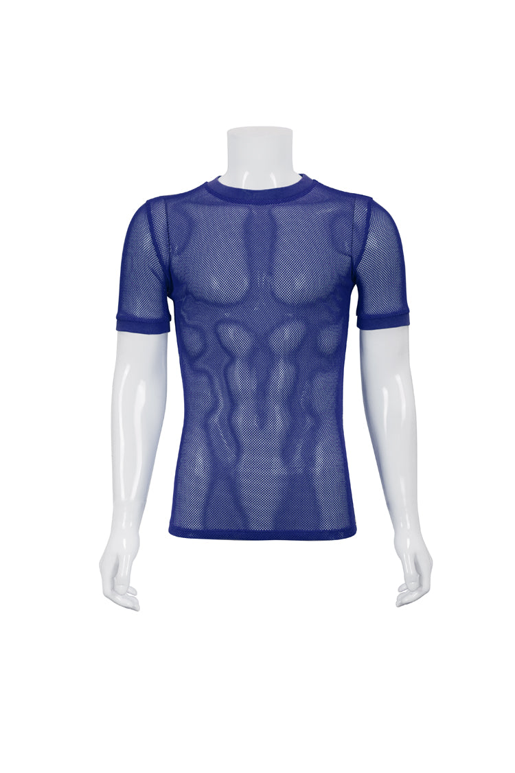Blue Crew Neck Diamond-Shaped Net Short Sleeve Men's Gothic T-Shirt - Product - 5