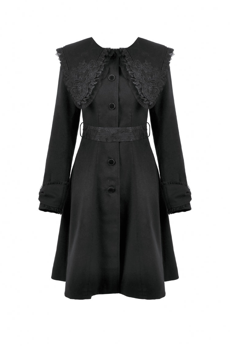 Black Floral Embroidered Peter Pan Collar Long Sleeves Bowknot Women's Gothic Coat - Product - 3