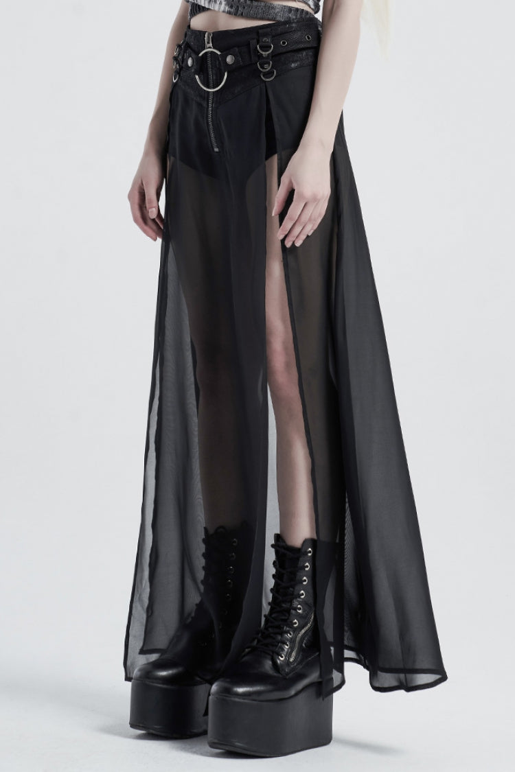 Fake Two Pieces PU Leather Stitching Sheer Women's Steampunk Skirt 2 Colors - Product - 9