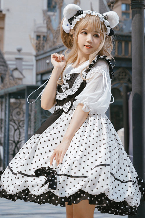 White/Black Polka Dot Ruffled Strap Sweet Lolita JSK Dress - Product - 3