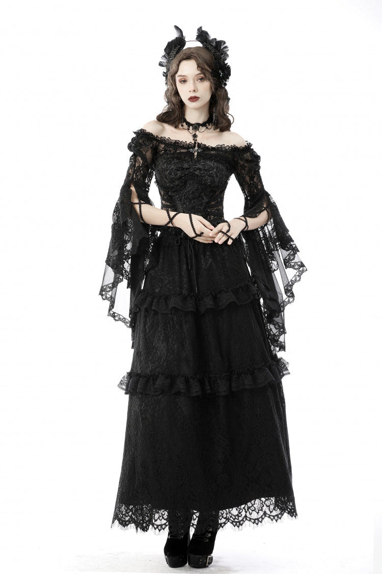 Black Off Shoulder Lace Long Trumpet Sleeves Floral Mesh Women's Gothic Cape - Product - 6