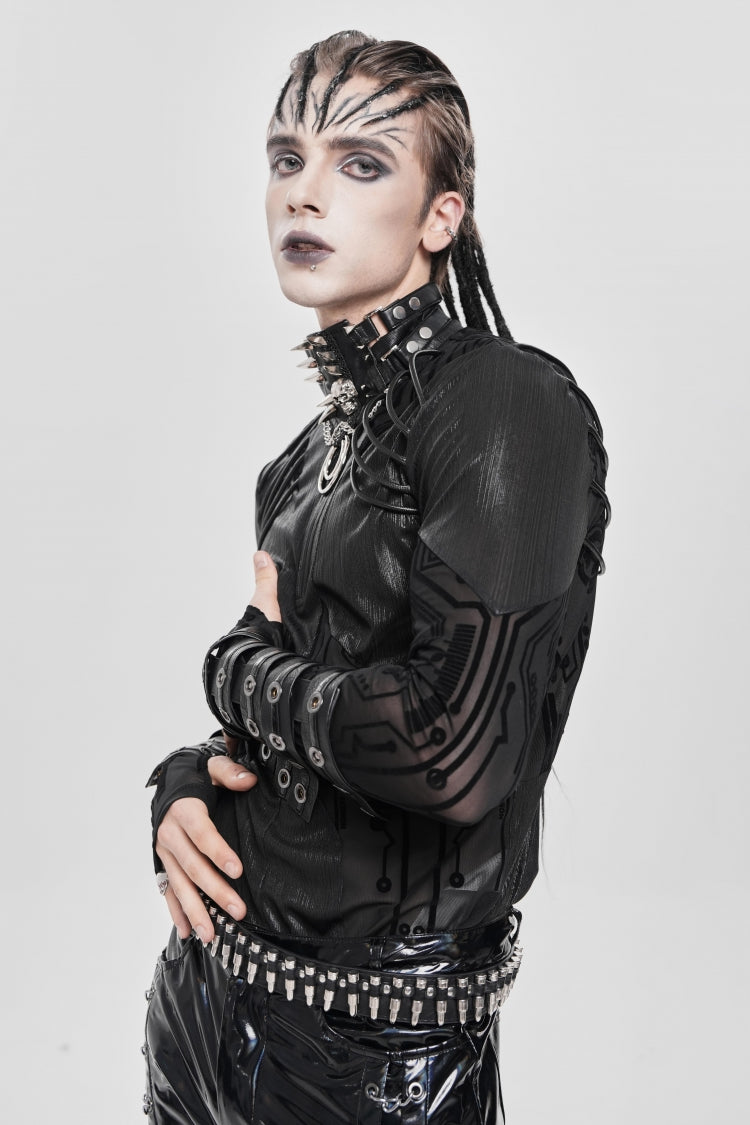 Black Long Sleeves Circuit Board Print Men's Punk Blouse - Product - 5
