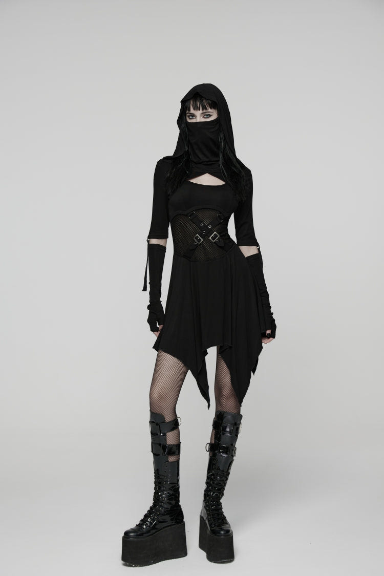 Black Long Sleeves Cut-Out Patchwork Lace-Up Slim Fit Hooded Women's Punk Dress - Product - 3