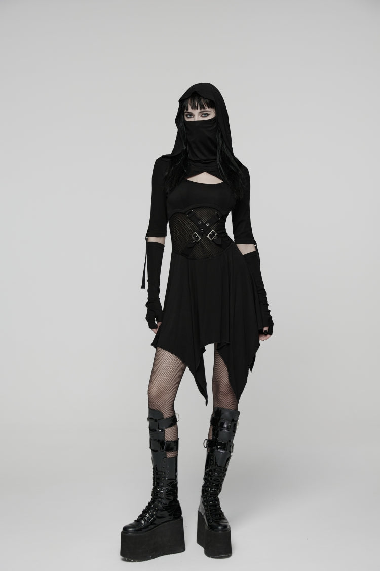 Black Long Sleeves Cut-Out Patchwork Lace-Up Slim Fit Hooded Women's Punk Dress - Product - 3