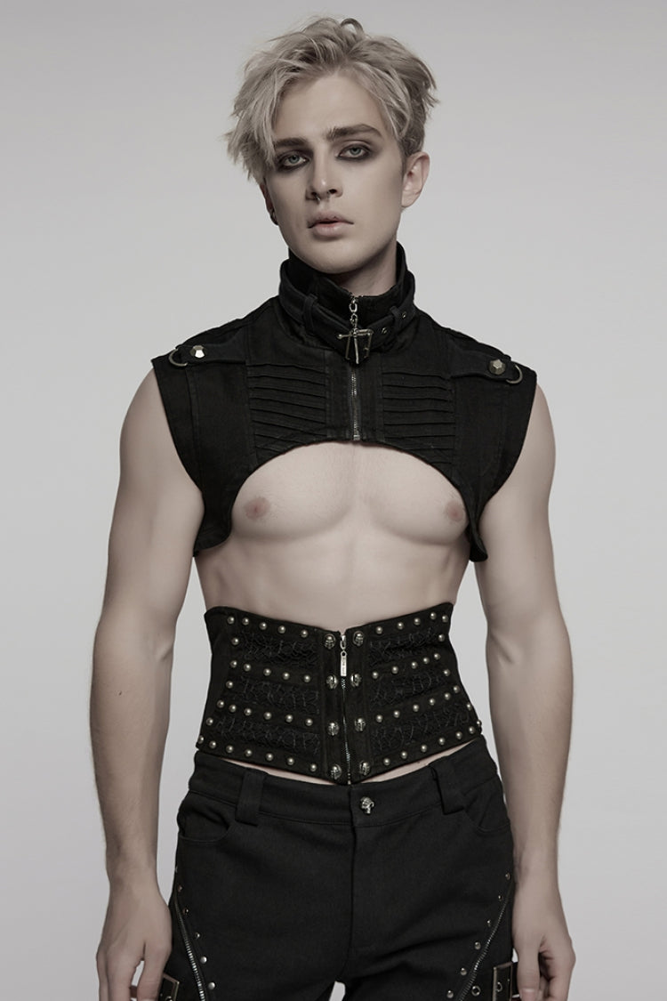 Black Stand Collar Sleeveless Rivet Zipper Men's Punk Cape - Black - 1