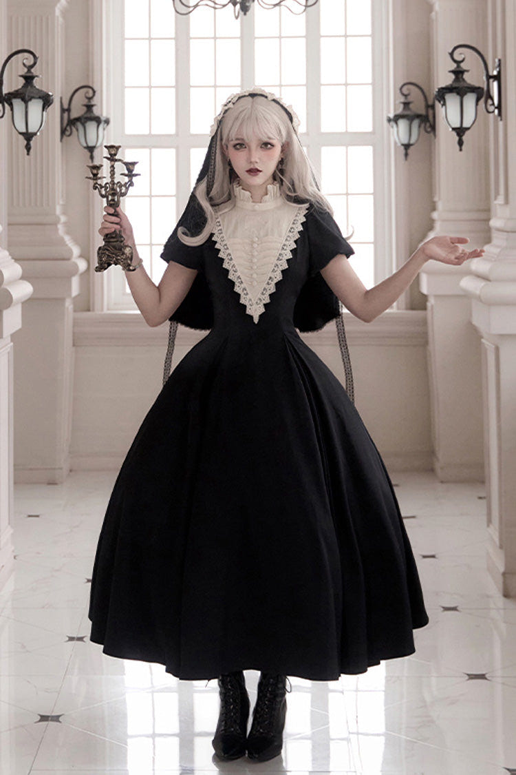 Black [Letters and Poems·Nocturne] Nun Long Sleeves Ruffle Gothic Lolita Long Dress - Product - 8