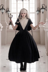 Black [Letters and Poems·Nocturne] Nun Long Sleeves Ruffle Gothic Lolita Long Dress - Product - 8