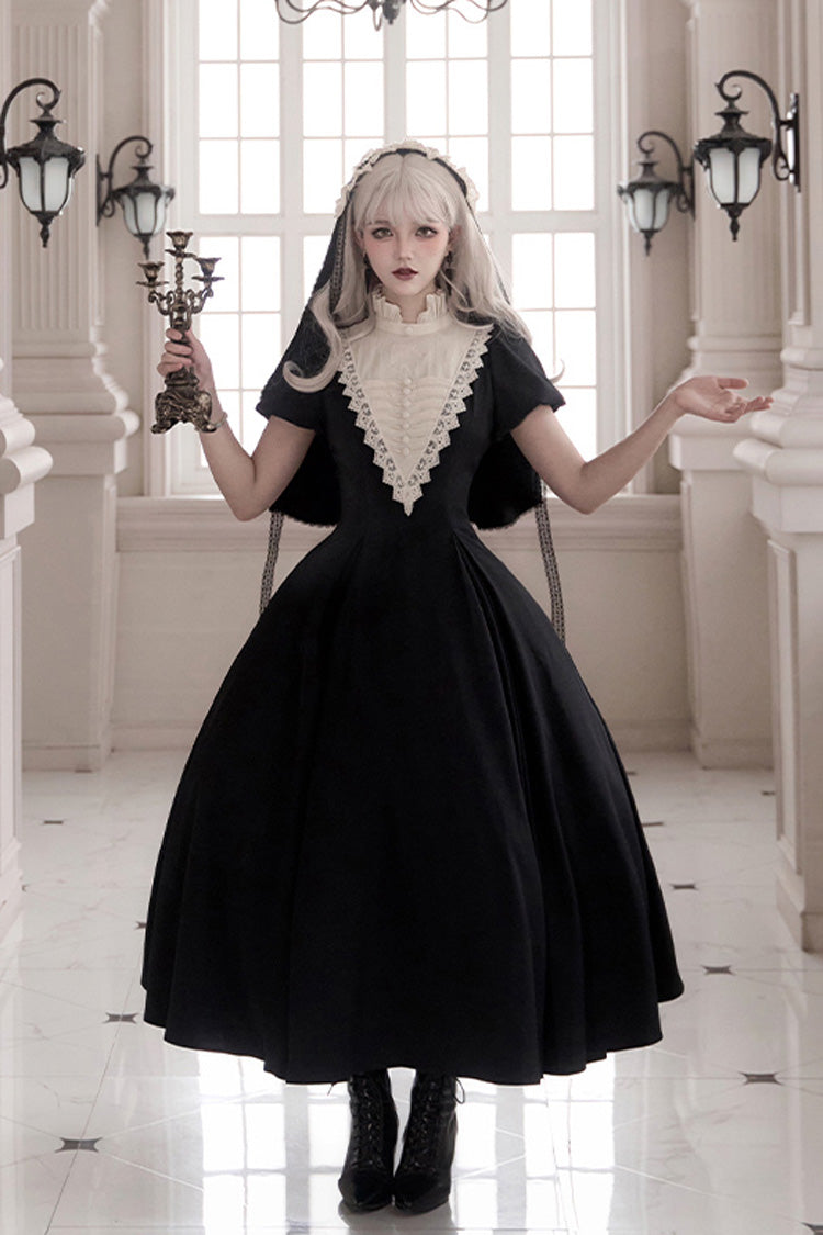 Black [Letters and Poems·Nocturne] Nun Long Sleeves Ruffle Gothic Lolita Long Dress - Product - 8