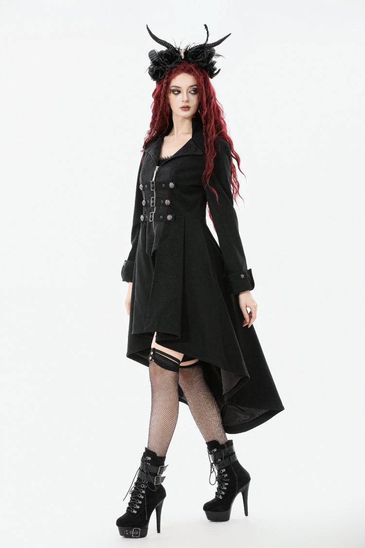 Black Lapel Collar Long Sleeves Lace-Up Irregular Bouble-breasted Buckle-up Women's Gothic Coat - Product - 4