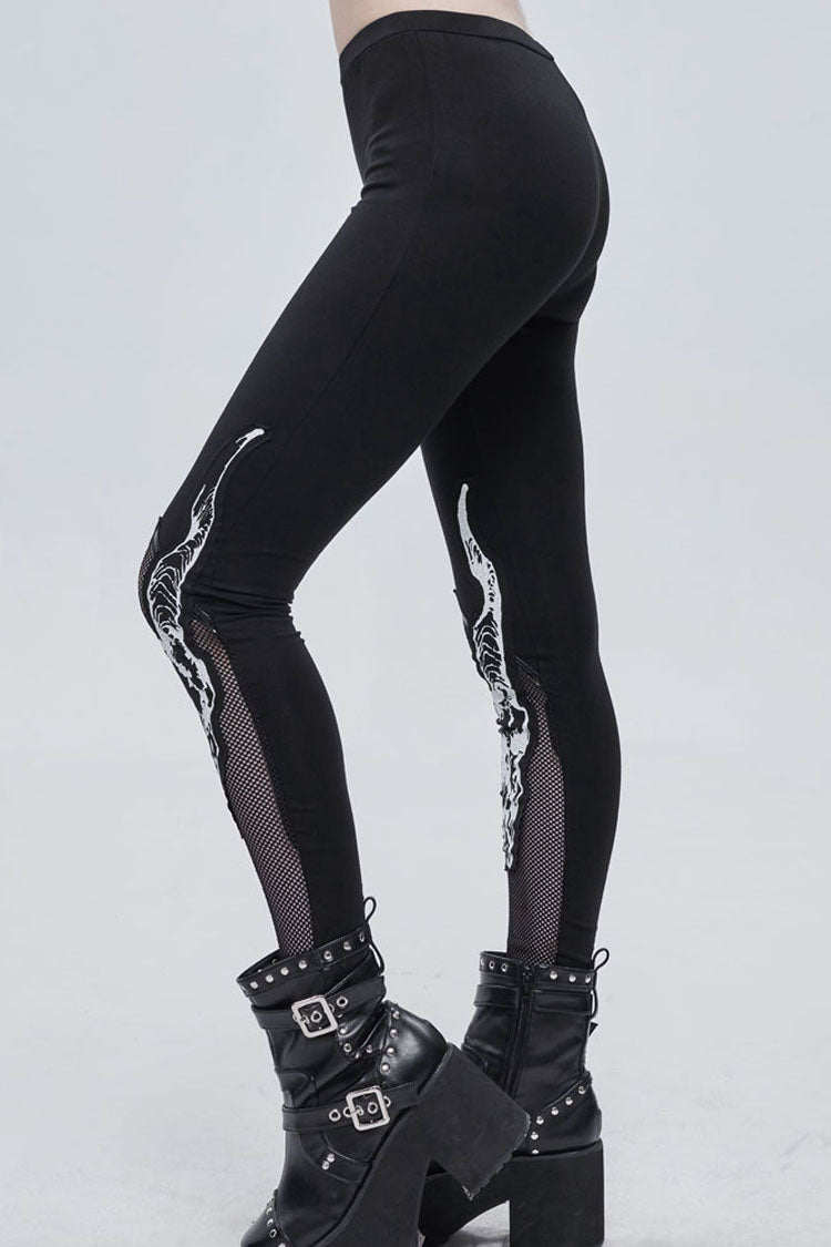Black Gothic Stretch Knitted Fabric Spliced Mesh Devil Sheep Head Pattern Printing Women's Leggings - Product - 4
