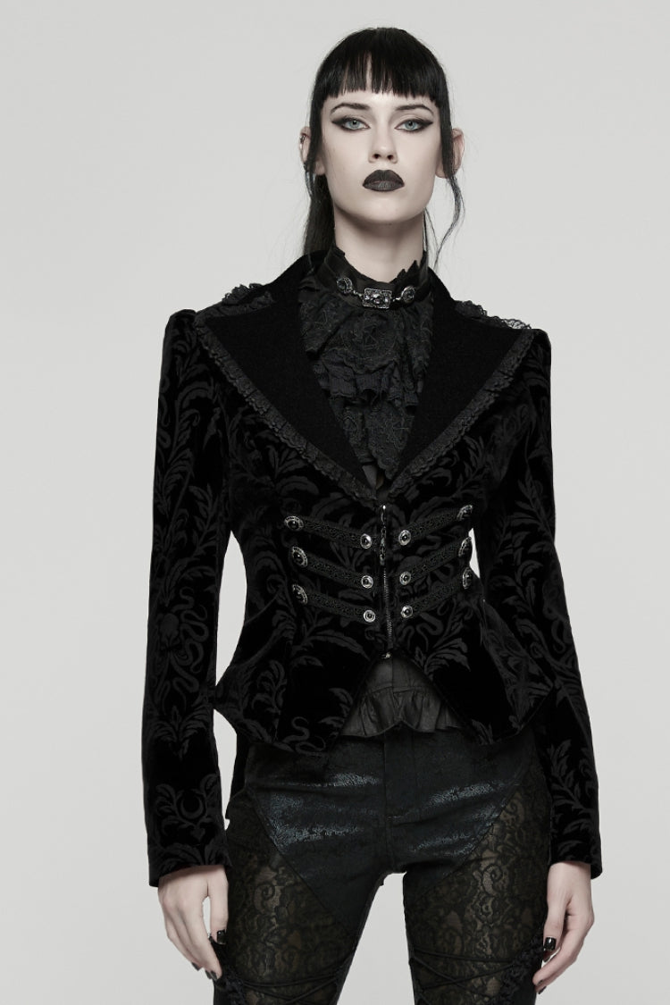 Black Lapel Collar Long Sleeves Lace-Up Zipper Women's Punk Coat - Black - 1