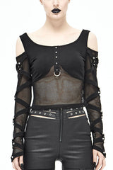 Black Sexy Mesh Spliced Off The Shoulder Long Sleeves Women Punk T-Shirt - Black - 1