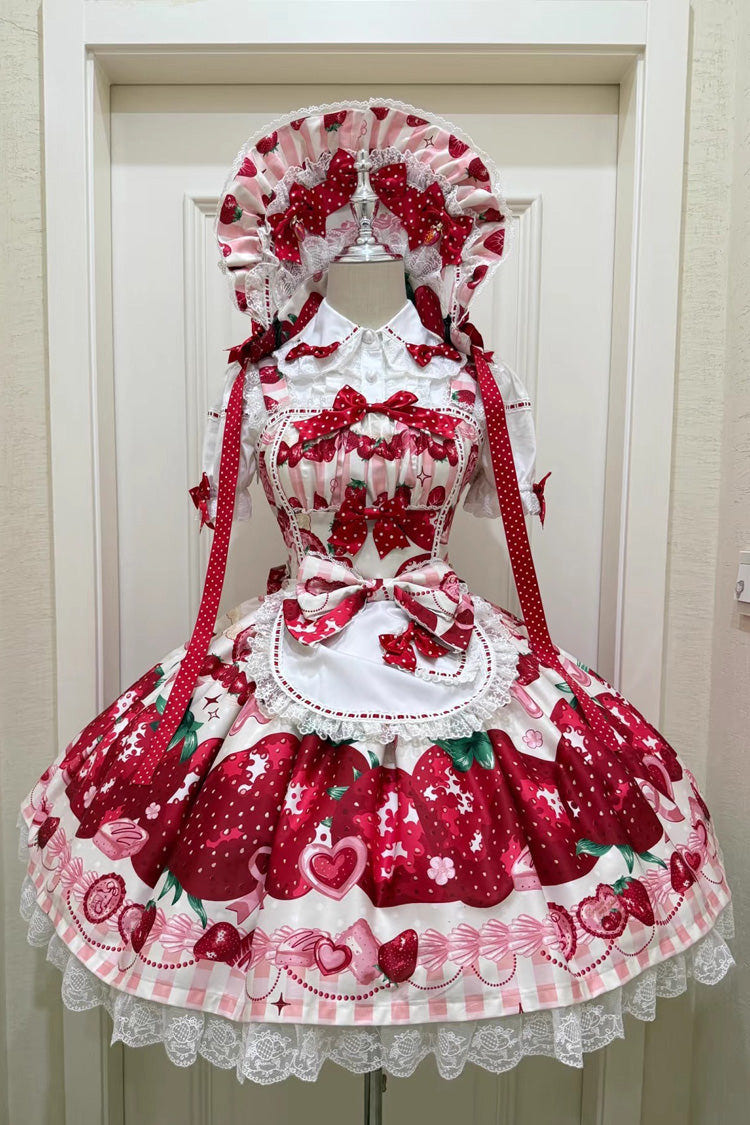 [Dream to Strawberry] Print Ruffle Bowknot Lace Sweet Lolita Jsk Dress 4 Colors - Ivory/Red - 2
