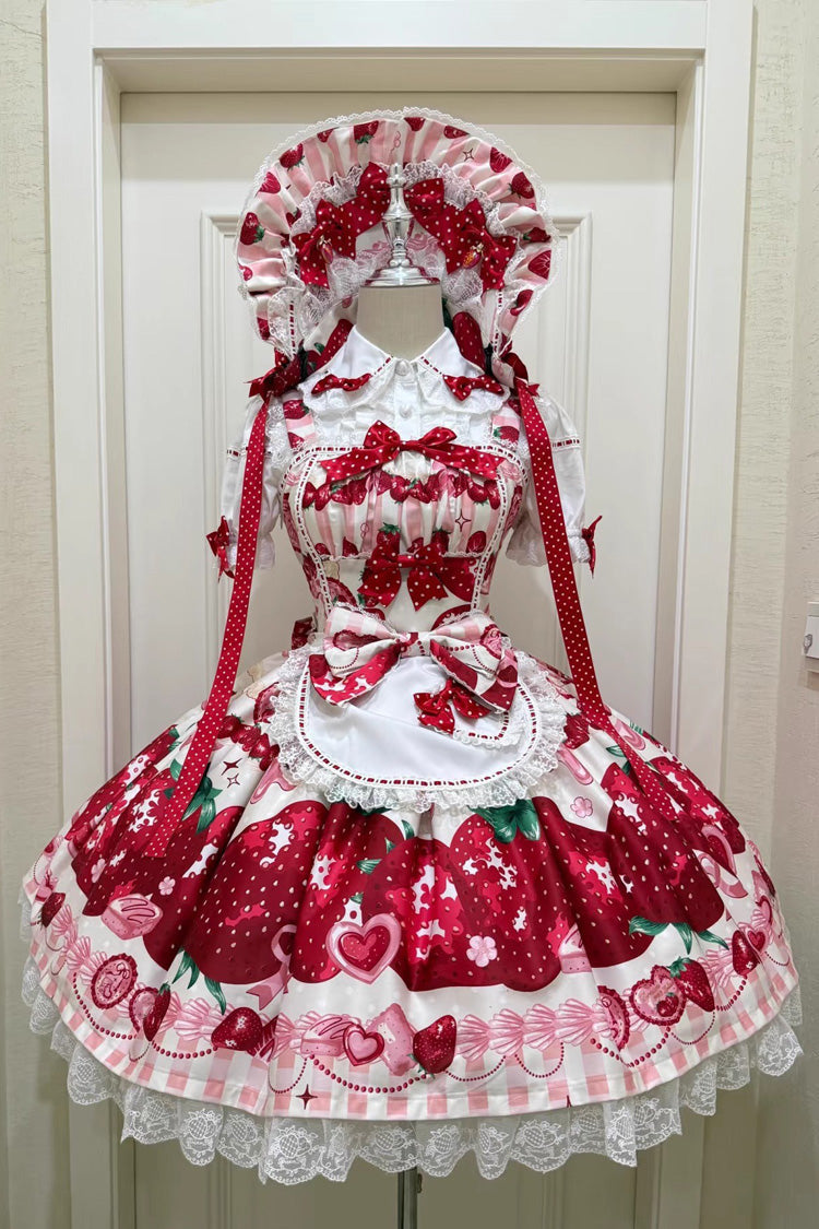 [Dream to Strawberry] Print Ruffle Bowknot Lace Sweet Lolita Jsk Dress 4 Colors - Ivory/Red - 2