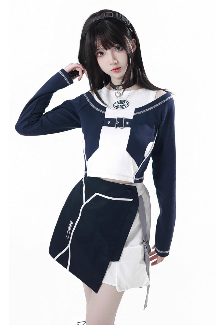Blue/White [Message Overload] Techwear Long Sleeves Embroidered Asymmetric Jirai Kei Coat Skirt Set - Product - 4