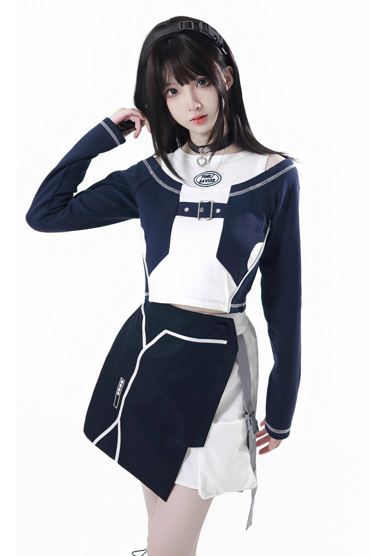 Blue/White [Message Overload] Techwear Long Sleeves Embroidered Asymmetric Jirai Kei Coat Skirt Set - Product - 4