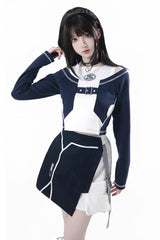 Blue/White [Message Overload] Techwear Long Sleeves Embroidered Asymmetric Jirai Kei Coat Skirt Set - Product - 4