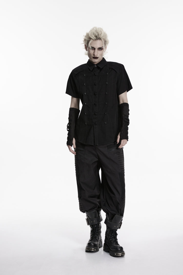Black Lapel Collar Short Sleeves Studded Men's Punk Skull Handsome Cool Shirt - Product - 4
