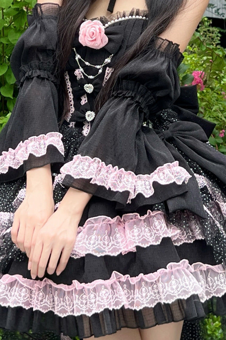 Black/Pink Galaxy Flower Language Multi-Layered Ruffle Bowknot Sweet Lolita Tube Top Dress - Product - 3
