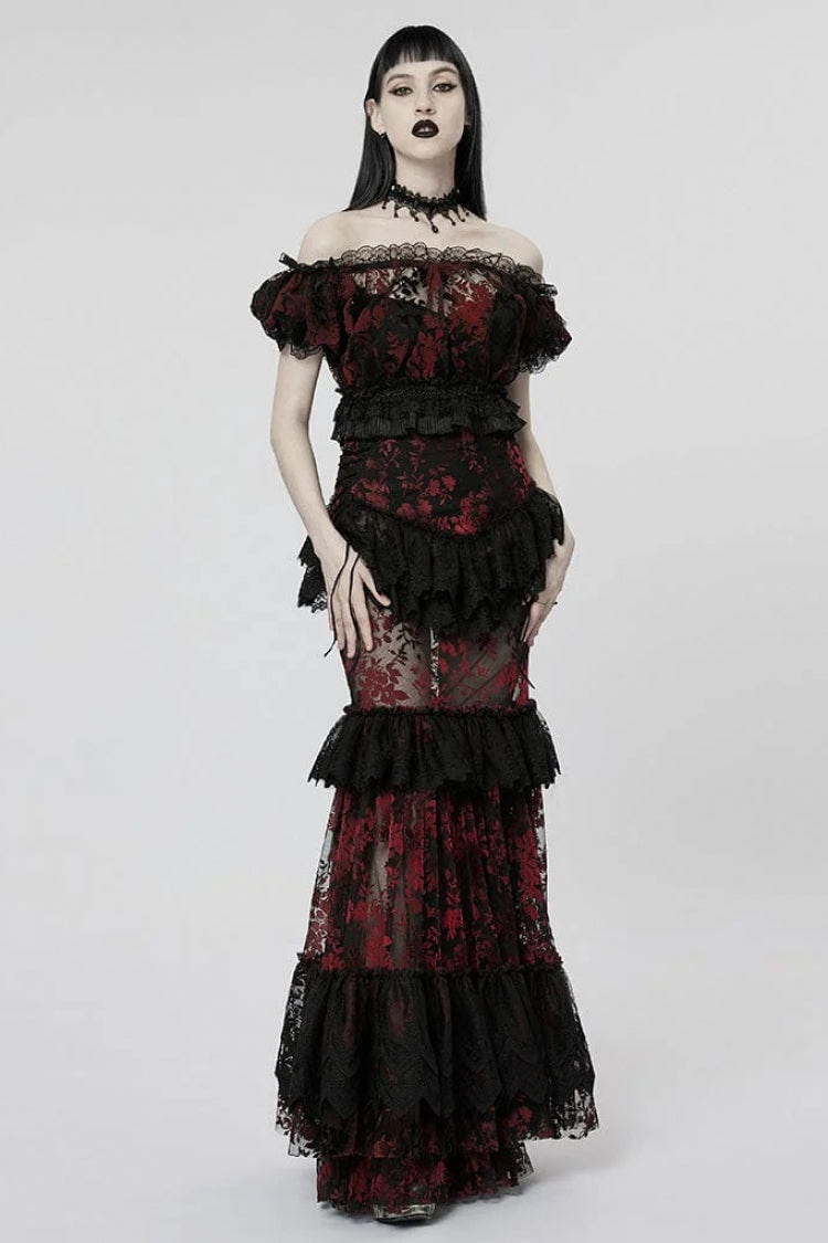 オフショルダー フリル 切り替え レース Sheer レディース ゴシック T-シャツ 2色 商品画像